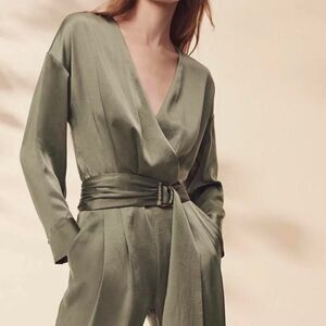 Ramy Brook Satiny Sage Green Jumpsuit W/ Tie Belt